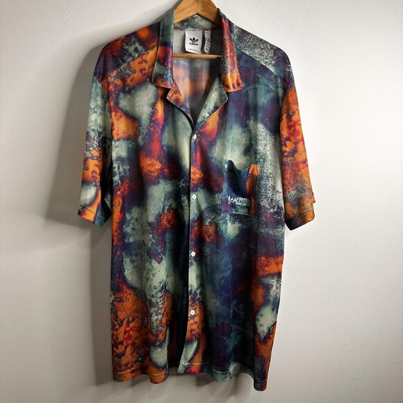 Adidas Shirt Mens 2XL Orange Blue Green Abstract Button Up Mesh Trefoil Pocket - Picture 1 of 12